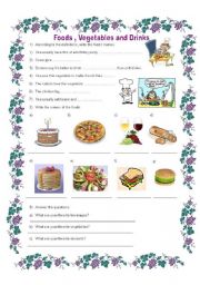 English Worksheet: Foods, vegetables and drinks.