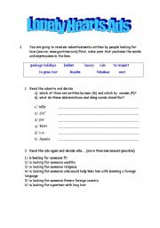 English Worksheet: Lonely Heart Ads