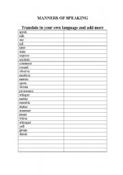 English worksheet: manners of speaking