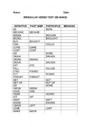 English Worksheet: IRREGULAR VERBS TEST (BE-MAKE)