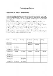 English worksheet: reading comprehension about timetable