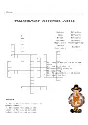 English Worksheet: Thanksgiving Crossword Puzzle