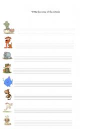 English worksheet:   Animals writing