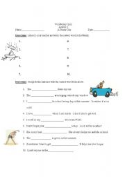 English worksheet: Vocabulary Quiz with answer key, dictation, weather