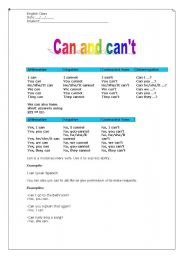 English Worksheet: Verb Can / Cant
