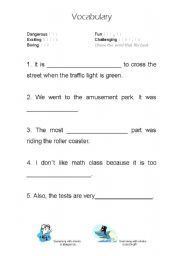 English worksheet: korean Vocabulary: Dangerous, Exciting, Challenging, Fun, Boring