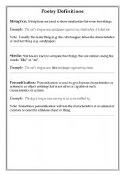 English Worksheet: Poetry Imagery Defintions
