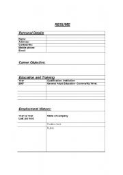 English worksheet: Resume template