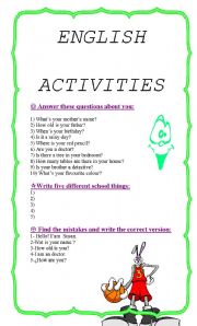 English worksheet: ENGLISH ACTIVITIES FOR KIDS 