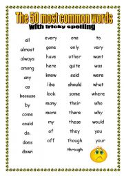 English Worksheet: 50 Most Common Words with TRICKY SPELLING