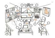 English Worksheet: PREPOSITIONS OF DESCRIPTION-1) at (the Window)2) above (the Black Mouse)3) below (the brown Mouse)4) between ( the sofa and the bookcase)5) on (the sofa)6) in front of (the fireplace)7) in (the box)8) under (the  coffee table )9) behind (the recliner)10) 