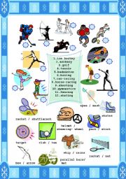 English Worksheet: SPORTS + EQUIPMENT ( archery+bow/arrows , horse-racing+whip/reins,etc)