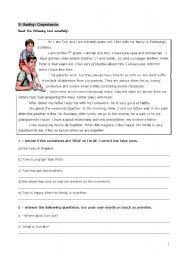 English Worksheet: test-dail routine, simple present, famliy, clothes...
