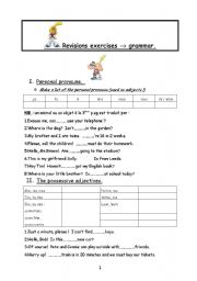 English Worksheet: Grammar revisions; personal pronouns, possessive adjectives,...