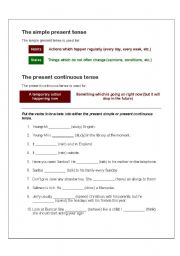 English worksheet: The simple present and present continuous tenses