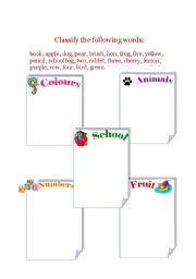 English Worksheet: Colours, school supplies, animals, numbers,fruit