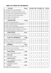 English Worksheet: ANALYTIC CHECKLIST FOR ESSAYS