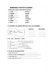 English Worksheet: countable uncountable nouns-singular,plural nouns