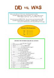 English Worksheet: Did vs. Was