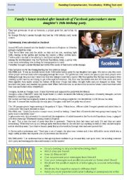 English Worksheet: Facebook: Real story of how a familys house was trashed after their daughter advertised her party on Facebook 