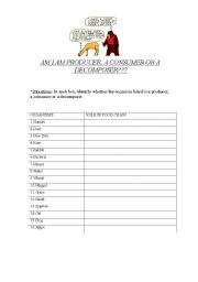 English Worksheet: The Food Chain -- Am I a Producer, Consumer or Decomposer?