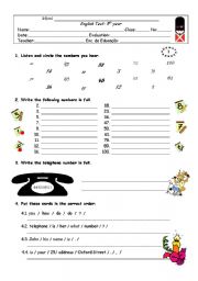 English Worksheet: test - numbers, possessive adjectives, questions... santa claus