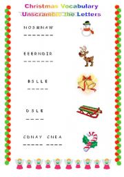 English Worksheet: Christmas Unscramble the Letters