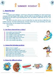 English Worksheet: Summer holiday reading for beginners (GRAMMAR: To be, likes and dislikes, present simple  and comparatives)