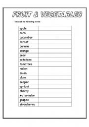 English worksheet: fruit and vegetables