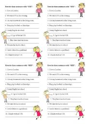 English Worksheet: Rewrite with she - Simple present