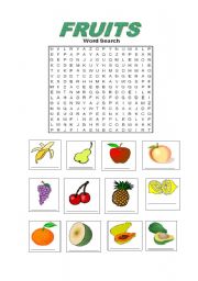 English Worksheet: Fruit Vocabulary Word Search