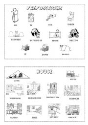 English Worksheet: Prepositions and rooms mini-dictionary (B&W)