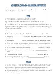 English Worksheet: VERBS FOLLOWED BY GERUND OR INFINITIVE 