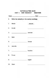 English Worksheet: Nationalities Quiz