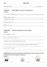 English worksheet: ENGLISH III QUIZ