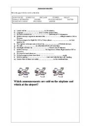 English Worksheet: announcements on the plane  / at the airport