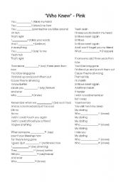 English Worksheet: Who knew - Pink