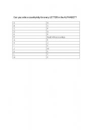 English Worksheet: Write a country for every letter in the alphabet