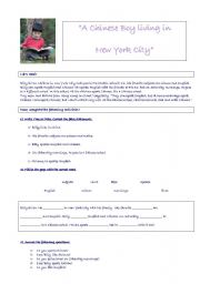English worksheet: A Chinese boy in New York City