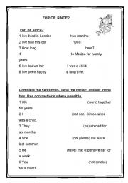 English Worksheet: For or since & Past simple or present perfect