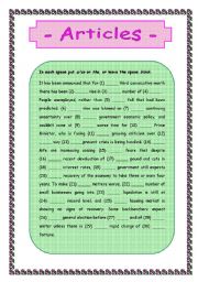 English Worksheet: Articles (fill the gaps)