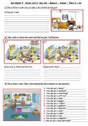 English Worksheet: Bedroom, animals, have got, prepositions and theres!