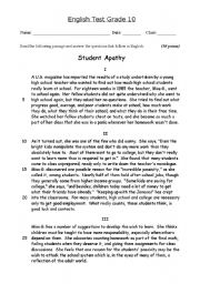 English Worksheet: Student Apathy - reading comprehension