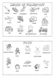 English Worksheet: Transport / toys mini-dictionary (B&W)