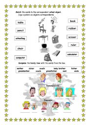 English worksheet: school objects and family