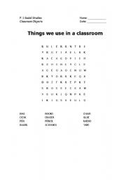 English Worksheet: classroom objects wordsearch