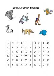 English Worksheet: Animal Word Search