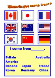 English worksheet: countries speaking prctice and flag recognizing worksheet
