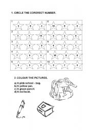 English worksheet: numbers, colours and school-things