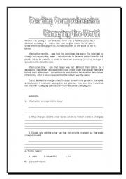 English worksheet: Changing The World - reading comprehension